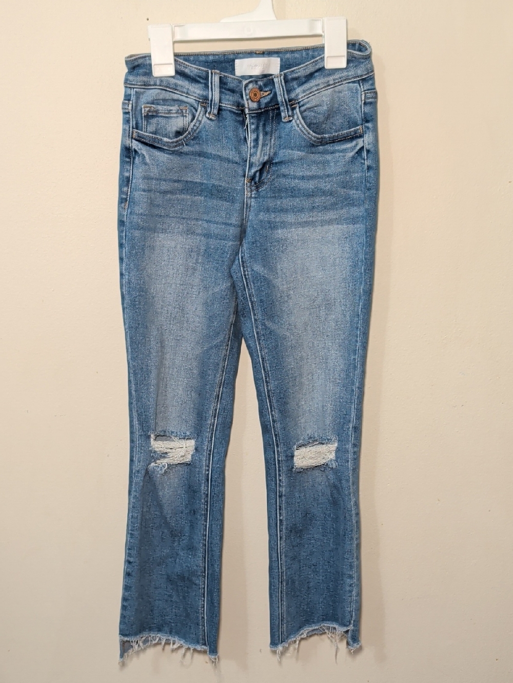 Vervet Kick Crop Flare Jeans Destroyed Knees Raw Hem Stretch Women's Size 24"